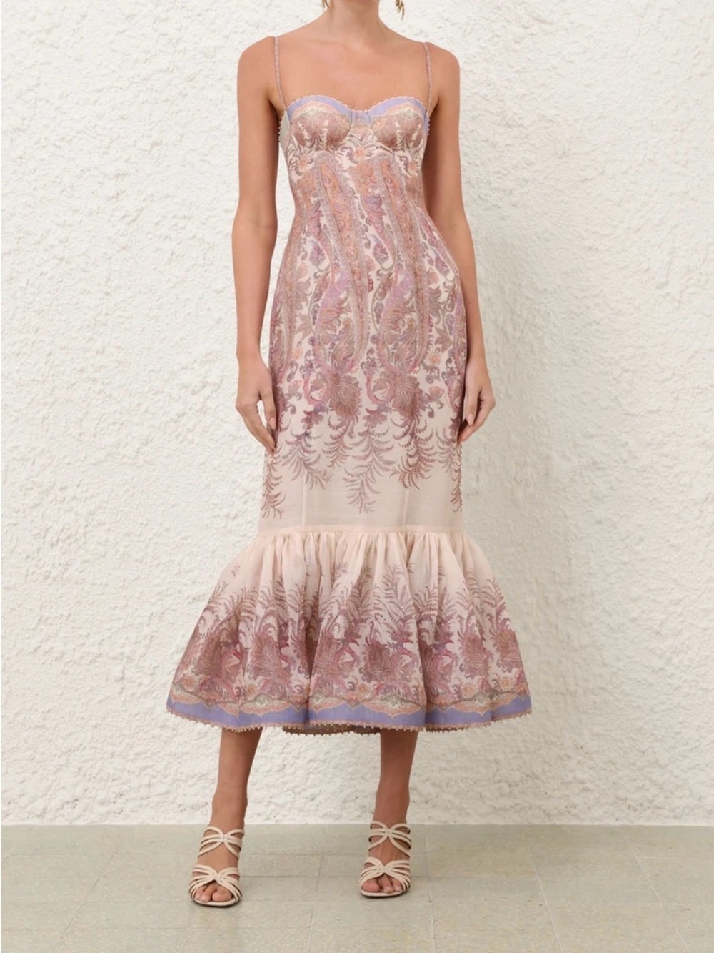 Zimmermann Blush and Lavender Paisley-Embroidered Mermaid Midi Dress